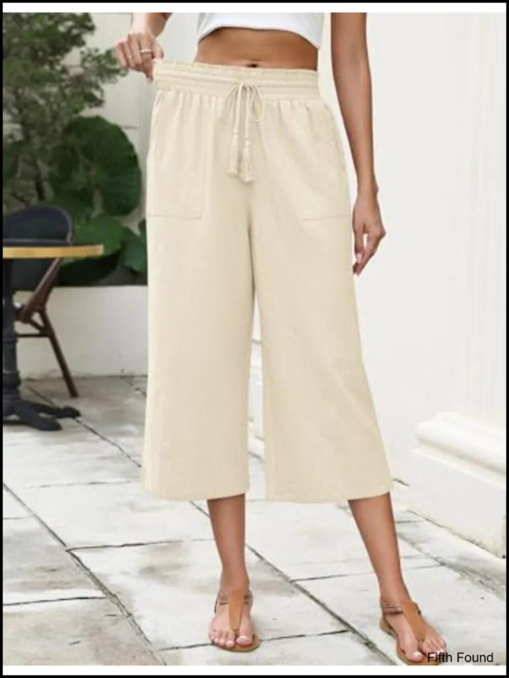 Linen Blend Capri Pants Wide Leg Drawstring Elastic Waist Casual Cropped